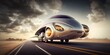Zukunfts Auto mit Schallgeschwindigkeit extrem schnell auf einer Straße mit Sonnenuntergang, ai generativ