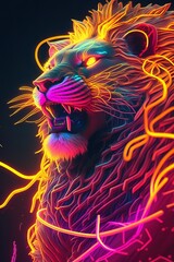 Poster - Lion in neon light. Generative AI. Colorful background.