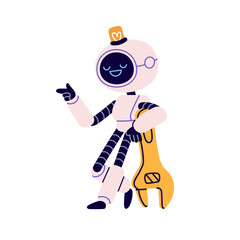 Aufkleber - Cute robot with wrench in retro futuristic style. Android serviceman with spanner, fixing tool. Robotic mechanic character from repair service. Flat vector illustration isolated on white background