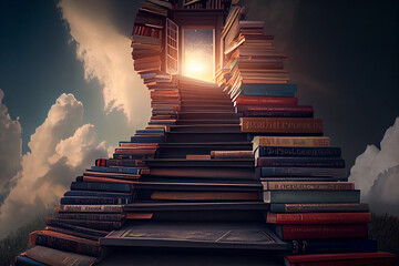 staircase of books going up to the sky. steps from books as a concept of craving for knowledge and t