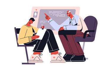 Poster - Online education concept. Teacher and student during virtual lesson, video call. Internet distant lecture, remote study, learning at school. Flat vector illustration isolated on white background