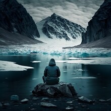 A Person Seated Alone On A Rock Looking At An Arctic Landscape Generative AI