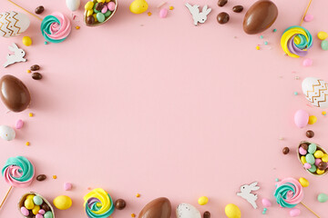 Wall Mural - Easter concept. Flat lay photo of chocolate eggs dragees cute bunnies meringue lollipops and sprinkles on isolated pastel pink background with copyspace in the middle