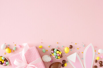 Wall Mural - Easter celebration concept. Top view photo of chocolate eggs dragees easter bunny ears gift box and sprinkles on isolated pastel pink background with empty space