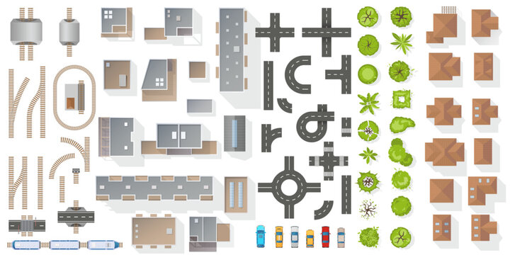 set of elements top view for landscape design. buildings, trees, road, railway elements for map of c