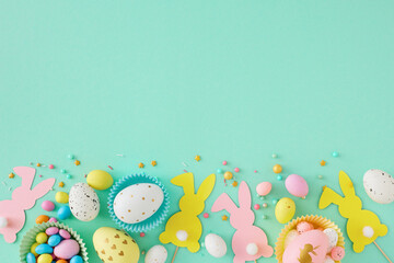Wall Mural - Easter celebration concept. Top view photo of colorful easter eggs chocolate dragees paper rabbits and sprinkles on teal background with copy space