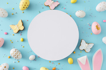 Wall Mural - Easter atmosphere concept. Top view photo of white circle colorful eggs easter bunny ears butterfly shaped gingerbread and sprinkles on isolated pastel blue background with blank space
