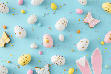 Wall Mural - Easter concept. Flat lay photo of colorful eggs easter bunny ears butterfly shaped gingerbread and sprinkles on isolated pastel blue background