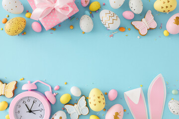 Wall Mural - Easter atmosphere concept. Top view photo of colorful eggs easter bunny ears gingerbread gift box sprinkles and alarm clock on isolated pastel blue background with empty space in the middle