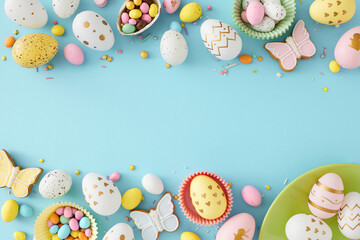 Wall Mural - Easter concept. Top view photo of colorful easter eggs dragees gingerbread and sprinkles on isolated pastel blue background with empty space in the middle