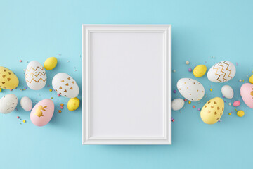 Wall Mural - Easter concept. Top view composition of white photo frame colorful eggs and sprinkles on isolated pastel blue background with blank space