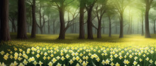 Natural Background Field Yellow Daffodils Against Trees In Park, Spring Flowers Landscape. Vector Illustration, Holiday Card And Poster Concept