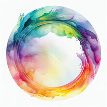 Vivid Watercolor Circle With A Spectrum Of Colors And A Clear White Center On A Plain Background.