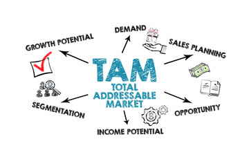 Total Addressable Market TAM concept. Illustration icons, keywords and arrows on white background