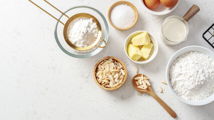 Wall Mural - Bakery or cake ingredients with butter, flour, milk, sugar and slivered almonds on marble kitchen table, baking background