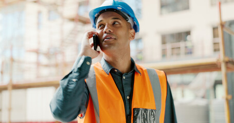 Poster - Phone call, construction site and engineer man talking for architecture planning, building project and industrial development. Builder contractor or worker cellphone conversation for property update