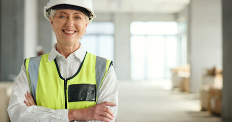 Poster - Senior woman, architect and smile with arms crossed in success for industrial architecture or construction site. Portrait of confident elderly female engineer or building contractor smiling at work