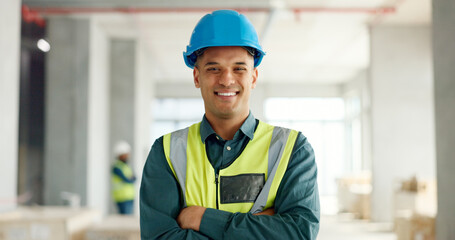 Poster - Construction, building and construction worker, man and smile in portrait, employee at construction site with work vest and safety helmet. Working, architecture industry and renovation job.