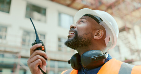 Poster - Construction site, black man and building manager with walkie talkie for logistics, development and update. Project management, communication and construction employee speaking with portable radio.