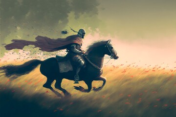 Wall Mural - knight riding a horse running in the meadow, digital art style, illustration painting, Generative AI