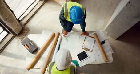 Canvas Print - Top view, team and construction for blueprint building, collaboration or talking for business strategy or discussion. Top view, teamwork or engineer or architect planning, contractor or group project