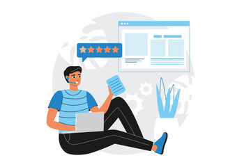 Poster - Call center blue concept with people scene in the flat cartoon design. Call center operator reviews customer requests to assist them. Vector illustration.