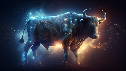 Wall Mural - Fantasy image of bull in dark space. AI generativ.