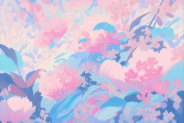 Wall Mural - Fantasy glowing pink and blue blue flowers background. Generative AI illustration