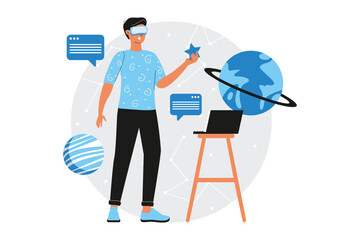 Aufkleber - Metaverse blue concept with people scene in the flat cartoon style. Boy studies cosmic elements with the help of innovative technologies. Vector illustration.