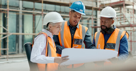 Poster - Construction, inspection and clipboard, black man and woman discussion, construction site with scaffolding and building renovation checklist. Contractor with inspector, engineering and communication.