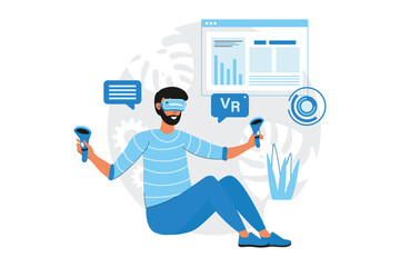 Aufkleber - VR blue concept with people scene in the flat cartoon design. Man uses VR glasses and digital gadgets to play computer games. Vector illustration.