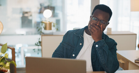 Poster - Sleeping, business man and tired web office worker with stress and burnout from project. Digital, black man and fintech agent working on a laptop for finance deadline feeling sleepy from online job