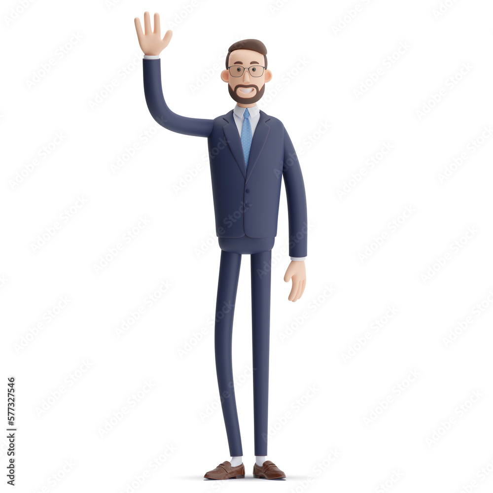 3d cartoon man of greeting gesture, hi or goodbye. Happy guy waving hand.  Clever businessman in blue tie saying hello or bye. 3D illustration Stock  Illustration | Adobe Stock, image size:1000x1000