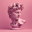 Head of statue, David sculpture bust, 3D gypsum head. Generative Ai. Y2K trendy style. On pink background.