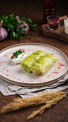 Poster - Portion of russian stuffed cabbage leaves golubtsy with sour cream