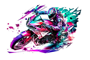 Wall Mural - Sticker of Biker on sport motorcycle in watercolor style on white background. Neural network AI generated art