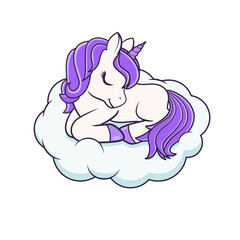 Wall Mural - Cute Cartoon Lying down Unicorn on the cloud. Illustration on transparent background