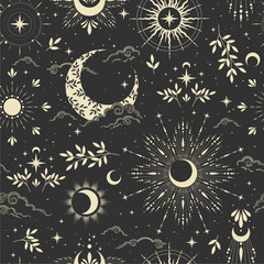 Wall Mural - Seamless magic pattern with sun, moon, clouds, stars. Vector elements on dark background. Cosmos print.