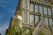 Dante statue. Dante Alighieri in Florence.Statue of Dante in Piazza Santa Croce. Blue sky background. 