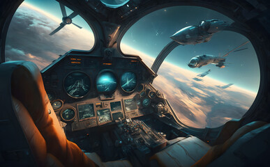 airplane cockpit view during intergalaxy journey flight or spaceship battle. neural network ai gener
