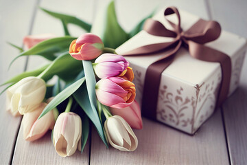 Fototapete - Gift bouquet of tulips. graphics Generative AI