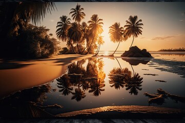 Wall Mural - Sunset Beach With Palm Tree and Small Water
