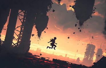 Wall Mural - A kid jumping from the ruins of a building against the sunset scene, digital art style, illustration painting, Generative AI