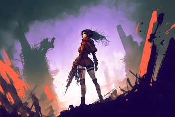 futuristic soldier woman with gun standing against the ruined city, digital art style, illustration painting, Generative AI