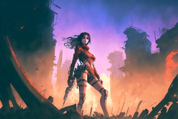 futuristic soldier woman with gun standing against the ruined city, digital art style, illustration painting, Generative AI