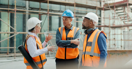 Canvas Print - Construction workers, building engineers or tablet in teamwork planning, architecture innovation or property engineering. Smile, happy or talking builder diversity men or woman with technology design