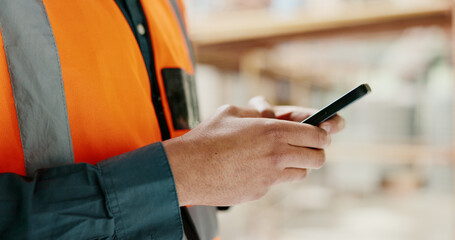 Aufkleber - Social media, internet and hands of an architect with a phone for communication, construction website and building app. Construction worker working on a mobile, typing on web and doing search on site
