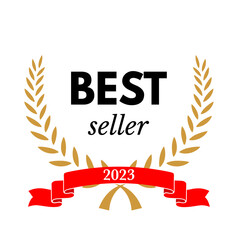 Wall Mural - best seller emblem, badge with gold wreath of laurel leaves frame and 2023 text on red ribbon vector
