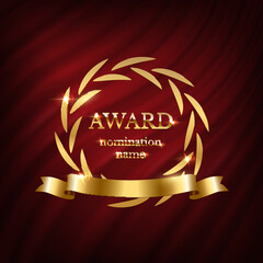 Wall Mural - gold award, vintage round laurel wreath and ribbon, prize with nomination name for winner