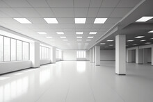 Empty Big Office Interior. Modern Spacious Empty Light Hall Room With Big Windows. Ceramic Tiles On The Floor And Lights. Generative AI
